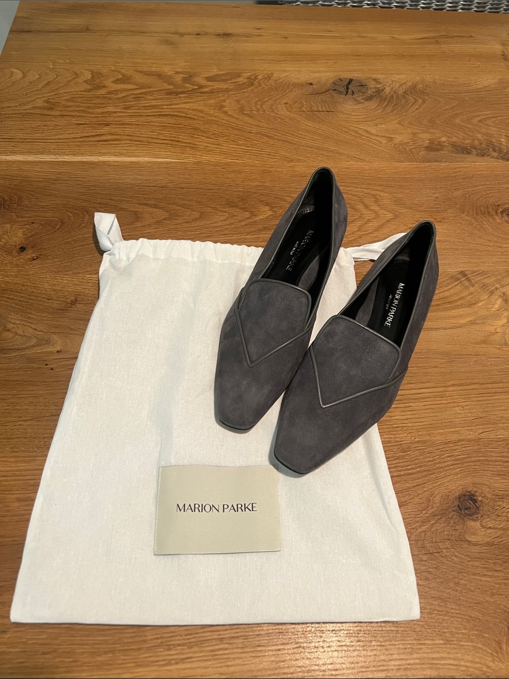Marion Parke Raquel Loafers Gray Suede Square Point Toe Flats Size 37 US 7 NWT